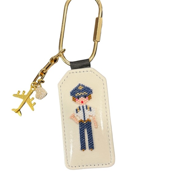 Hand Crafted Beaded Female Pilot Keychain with Gold Charms - Picture 3 of 5